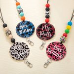 Personalized Glitter Animal Leopard Print Lanyard with Beads and Name Appreciation Back to School Gift for Teachers Nurse