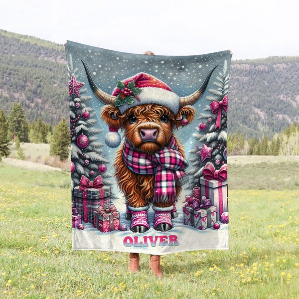 Coperta personalizzata in pile morbido Highland Cow con nome Regalo di Natale e Capodanno per i bambini