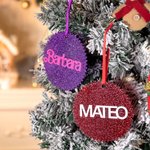 Personalised Retro Dolly Font Glitter Christmas Tree Ornament with Initial and Name Multicolour Stocking Tag Christmas Gift for Family Friend