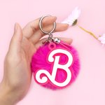 Personalized Pink and white Fur Fluffy Pom Pom Keychain Bag Charm with Fashion Initial and Tassels Birthday Holiday Gift for Women