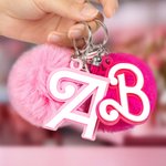 Personalized Pink and white Fur Fluffy Pom Pom Keychain Bag Charm with Fashion Initial and Tassels Birthday Holiday Gift for Women