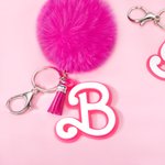 Personalized Pink and white Fur Fluffy Pom Pom Keychain Bag Charm with Fashion Initial and Tassels Birthday Holiday Gift for Women