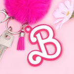 Personalized Pink and white Fur Fluffy Pom Pom Keychain Bag Charm with Fashion Initial and Tassels Birthday Holiday Gift for Women