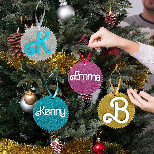 Personalized Retro Dolly Font Glitter Christmas Tree Ornament with Initial and Name Multicolor Stocking Tag Christmas Gift for Family Friend