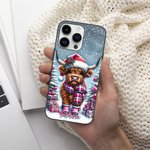 Funda personalizada para iPhone con el nombre de la vaca Highland de Navidad de dibujos animados de nieve Regalo de Navidad para la familia amigo High