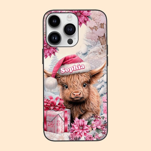 Etui de téléphone personnalisé en carton rose avec nom Cadeau de Noël pour la famille, les amis et les amoureux des vaches Highland