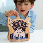 Personalized Wooden Highland Cow Piggy Bank with Name Room Decor Christmas Birthday Educational Gift for Kid