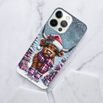 Funda personalizada para iPhone con el nombre de la vaca Highland de Navidad de dibujos animados de nieve Regalo de Navidad para la familia amigo High