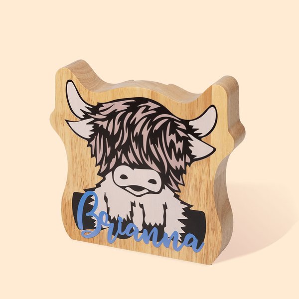 Personalized Wooden Highland Cow Piggy Bank with Name Room Decor Christmas Birthday Educational Gift for Kid