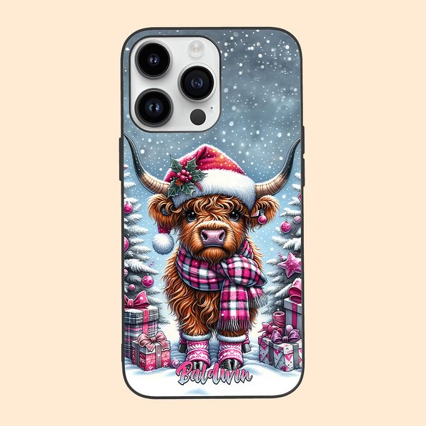 Personligt tecknad snöig jul Highland Cow Telefonfodral för iPhone med namn Julklapp för familjevän Highland Cow Lover