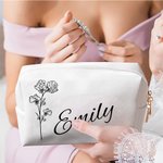 Personalised Large Capacity Leather Birth Flower Makeup Bag with Name Birthday Wedding Gift for Her