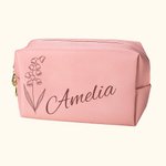 Personalised Large Capacity Leather Birth Flower Makeup Bag with Name Birthday Wedding Gift for Her