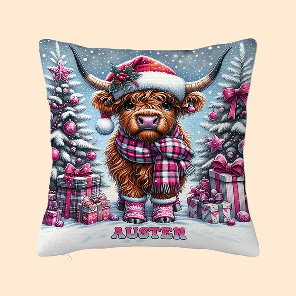 Personalizzato Natale Highland Cow Throw Pillow Cover con nome Decorazione casa Regalo di Natale per i bambini della famiglia