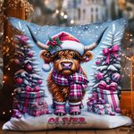 Personalized Christmas Highland Cow Throw Pillow Cover with Name Home Decoration Christmas Gift for Family Children