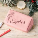 Personalised Large Capacity Leather Birth Flower Makeup Bag with Name Birthday Wedding Gift for Her