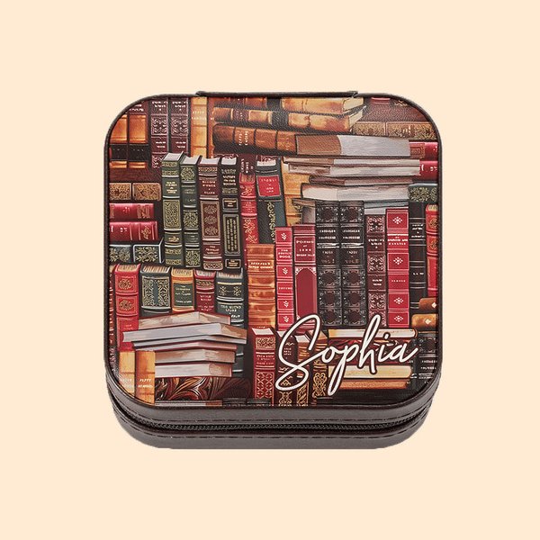 Scatola portagioie personalizzata con nome per lei, libro di biblioteca dal design retrò