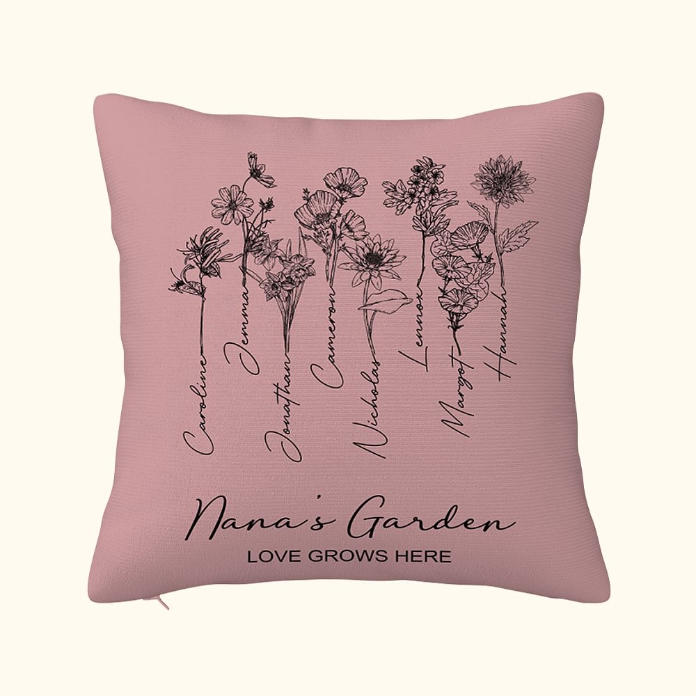 Housse d'Oreiller Personnalisée avec 1-8 Nom et Fleur de Naissance Décoration à Domicile sur Canapé Cadeau Fête de Famille Emménagement pour Famille