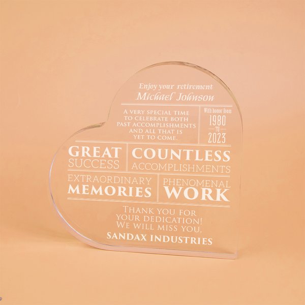 Personalisierte Acryl Herz geformt Plaque mit Text Ruhestand Geschenk