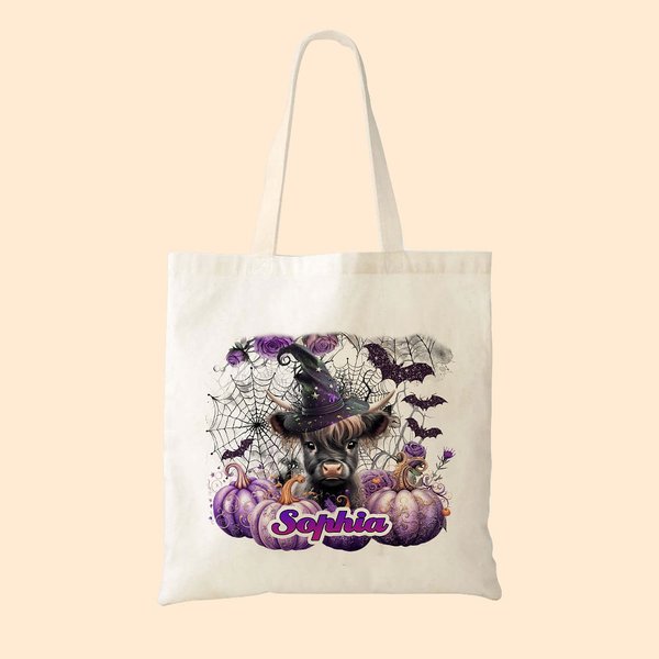 Personalisierte lila Rose Kürbis Magie Hexe Hochland Kuh Canvas Tragetasche mit Namen Tote Bag Halloween Weihnachten Geschenk für Jungen Mädchen