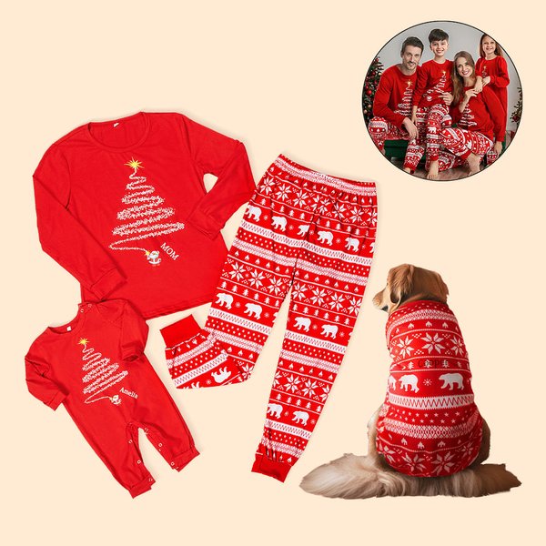 Pyjama Rouge Personnalisé avec Nom à Sapin de Noël Cadeau de Fête Noël pour Famille avec l'Animal de Compagnie