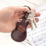 Personalized Engraved Wooden Guitar Pick Leather Guitar Shaped Case Keychain with Text Birthday Christmas Gift for Guitar Player Musician
