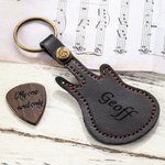 Personalized Engraved Wooden Guitar Pick Leather Guitar Shaped Case Keychain with Text Birthday Christmas Gift for Guitar Player Musician