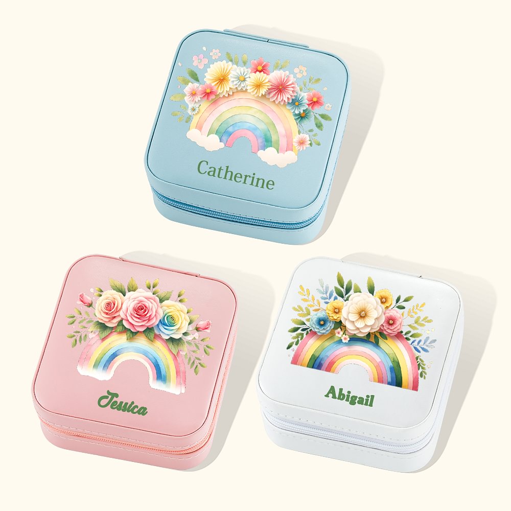 Boîte à bijoux arc-en-ciel florale personnalisée avec nom Accessoire de voyage coloré Cadeau de mariage, d'anniversaire et de naissance pour les femme