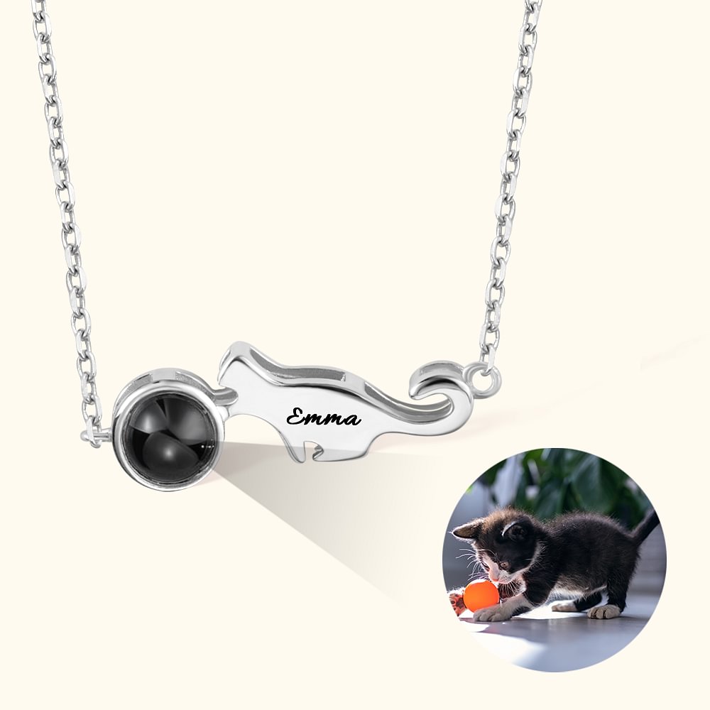 Collier Projection Personnalisée avec Photo Pendentif Chat avec Nom Gravé Cadeau Anniversaire Fête pour Femme