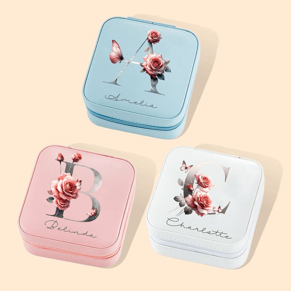 Personalized Rose Butterfly Travel Jewelry Box Portable Case with Initial and Name Birthday Valentine's Day Gift for Women Girls