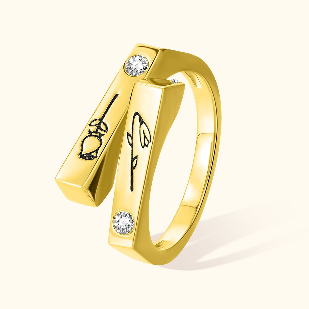 Bague Personnalisée avec Texte Gravé Fleur et Pierre de Naissance Cadeau Anniversaire pour Femme Homme Couple