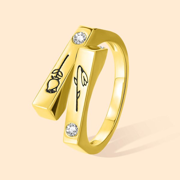 Personalisierte zwei Geburt Blume Birthstone Ring mit eingraviertem Text Geburtstag Jahrestag Geschenk für Frauen