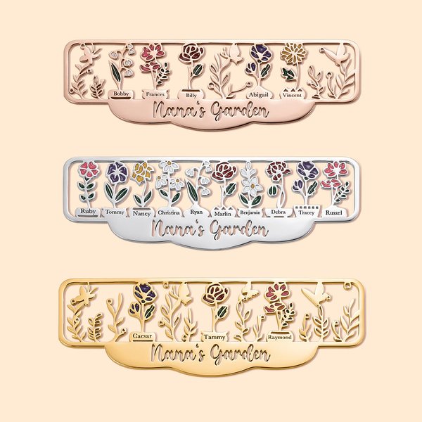 Marcapáginas de metal personalizado Nana's Garden Birth Flower con nombre ahuecado Regalo de cumpleaños para el Día de la Madre para la abuela madre a