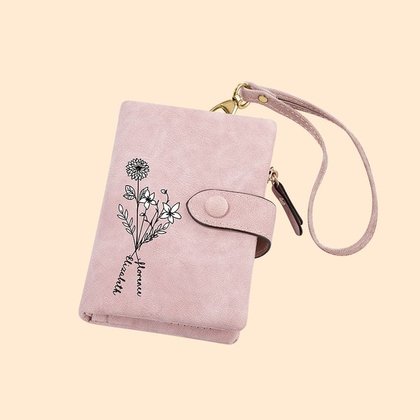 Personalizada de tres pliegues de la familia de nacimiento de la flor de cuero billetera monedero con nombre de regalo de cumpleaños para la mujer