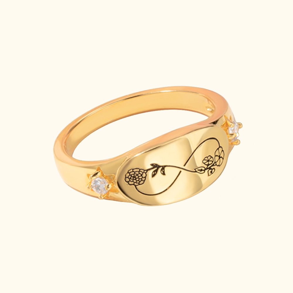 Bague d'Infini Personnalisée avec Gravure et Fleurs de Naissance Bijoux en Zircon Cadeau d'Anniversaire pour Couple Meilleure Amie Femmes