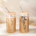 Gepersonaliseerde 16oz Geboorte Bloem Naam Glas Koffie Kop met Rietje en Deksel Verjaardag Bruiloft Bruidsmeisje Cadeau voor haar
