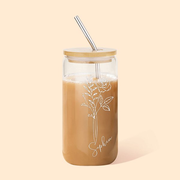 Gepersonaliseerde 16oz Geboorte Bloem Naam Glas Koffie Kop met Rietje en Deksel Verjaardag Bruiloft Bruidsmeisje Cadeau voor haar