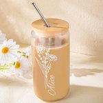 Gepersonaliseerde 16oz Geboorte Bloem Naam Glas Koffie Kop met Rietje en Deksel Verjaardag Bruiloft Bruidsmeisje Cadeau voor haar