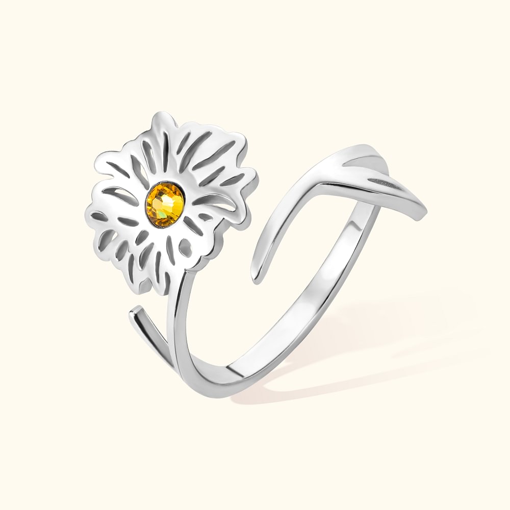 Bague Ajustable Personnalisée avec Pierre et Fleur de Naissance Cadeau Anniversaire Fête pour Femme