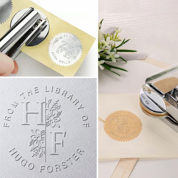 Personalisierte Buchpräger Ex Libris Bibliothek Prägestempel mit Initialen und Namen Weihnachtsgeschenk für Bücherliebhaber Bibliothekar Buchclub