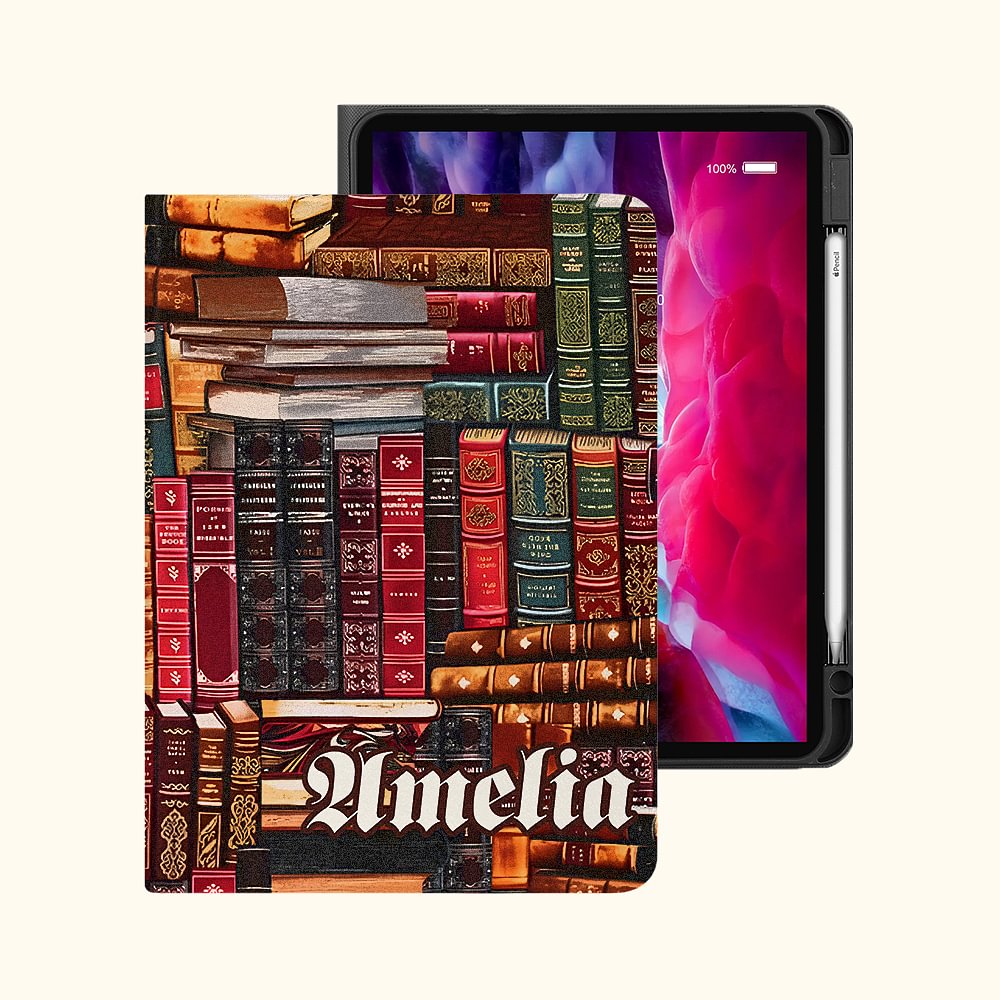Bibliothèque Personnalisée Livre Design Rétro Etui Protecteur avec Nom pour iPad Amoureux des Livres