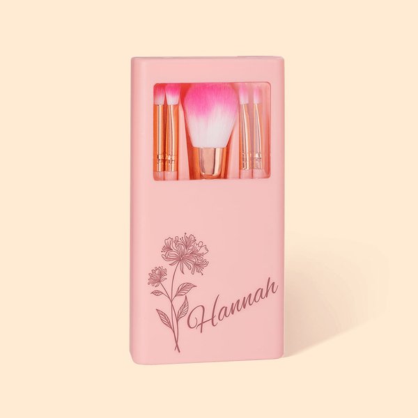 Set de Brochas de Maquillaje Personalizado 5 Pzs Flor de Nacimiento con Organizador de Brochas de Maquillaje y Espejo Regalo para Mujeres Niñas