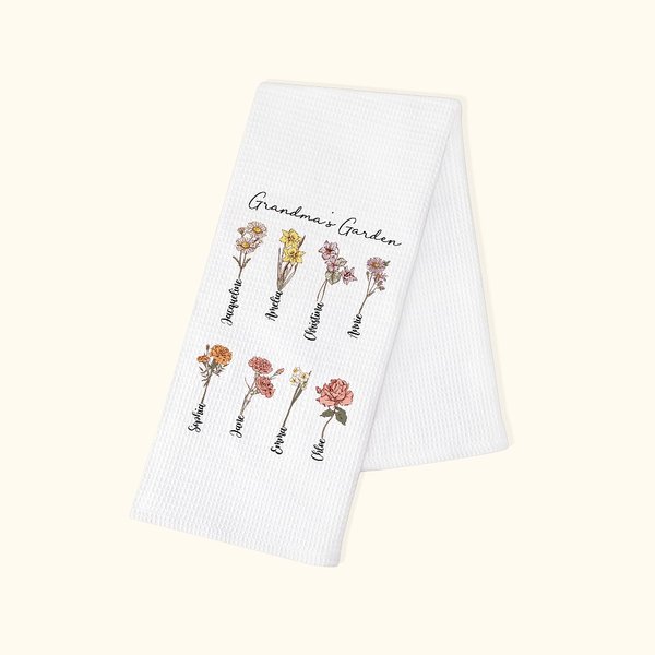 Personalised Birth Flower Tea Towel White Super Absorbent Gift for Grandma Mother