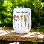 Personalised Family Watercolor Birth Flower Garden 12oz Wine Tumbler Mother's Day Birthday Gift for Grandma Mom