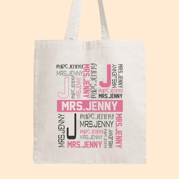 Sac à main en toile multicolore personnalisé avec nom et initiale Appréciation de l'enseignant Cadeau de rentrée pour l'enseignant