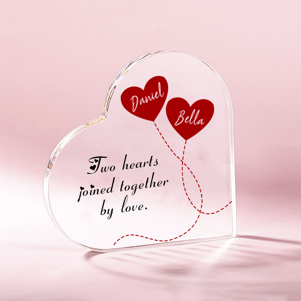 Plaque Acrylique Personnalisée Deux Coeurs Joints par l'Amour Plaque Acrylique avec Noms de Couple Cadeau d'Anniversaire de Saint Valentin pour Couple