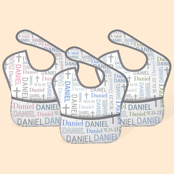 Personalised Waterproof Baptismal Cross Baby Bib with Pocket and Adjustable Tie Closure Eating Feeding Essential Baby Shower Gift for Boy Girl