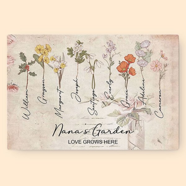 Personalized Watercolor Birth Flower Canvas Frameless Painting Gift for Grandmother Mother