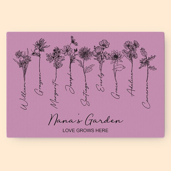 Personalized Line Art Birth Flower Canvas Frameless Painting Gift for Grandmother Mother