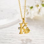 Personalized Leaf Initial and Bear Pendant Necklace with Birthstone and Engraved Name Bohemian Jewellery Birthday Anniversary Gift for Her