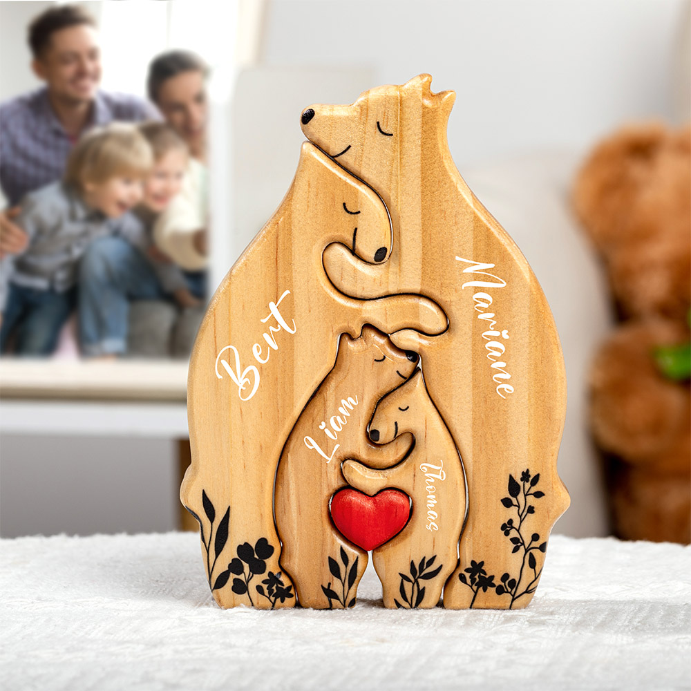 Personalisierte Bärenfamilie Holz-Puzzle – Mit 2-9 Namen, Als Tischdekoration Oder Familien-Geschenk